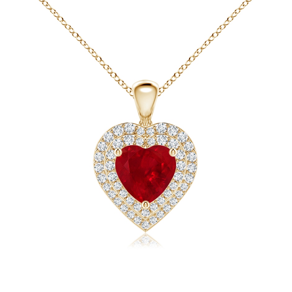 7mm AAA Ruby Heart Pendant with Diamond Double Halo in Yellow Gold 