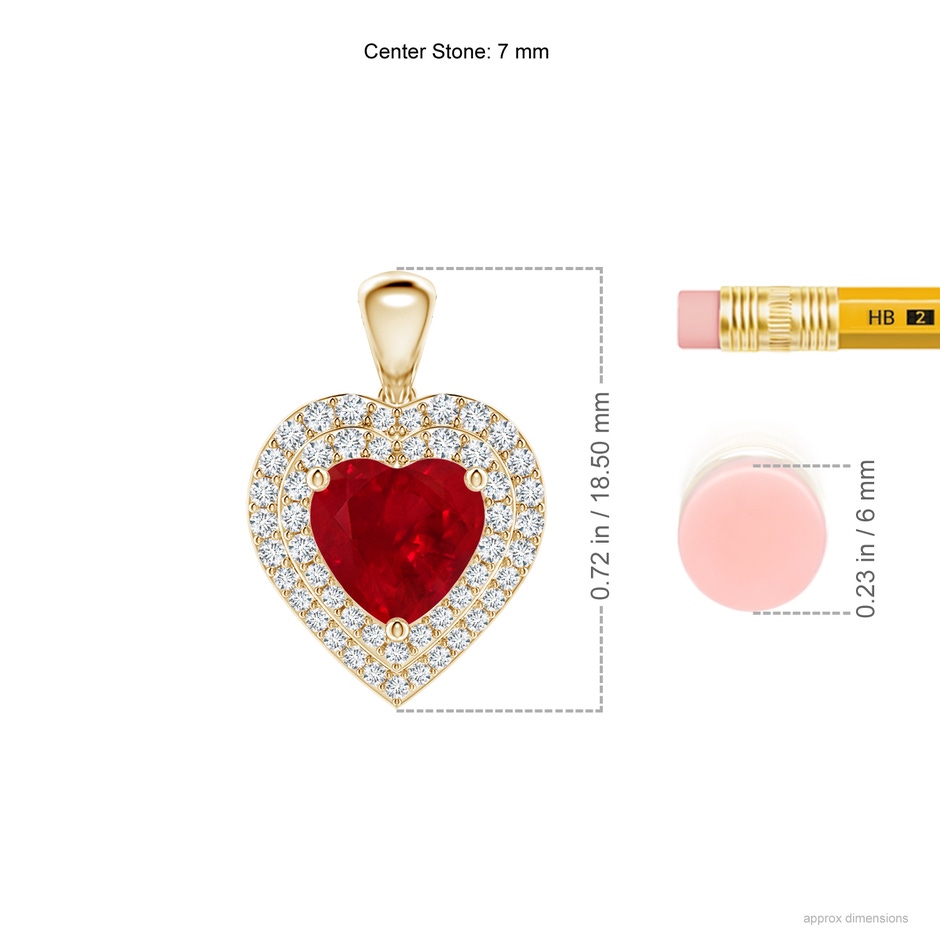 7mm AAA Ruby Heart Pendant with Diamond Double Halo in Yellow Gold ruler