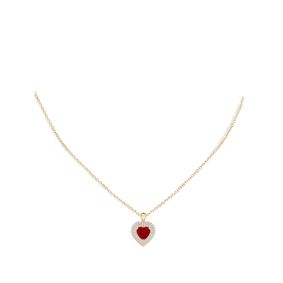 7mm AAA Ruby Heart Pendant with Diamond Double Halo in Yellow Gold body-neck