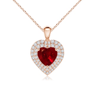 7mm AAAA Ruby Heart Pendant with Diamond Double Halo in 9K Rose Gold