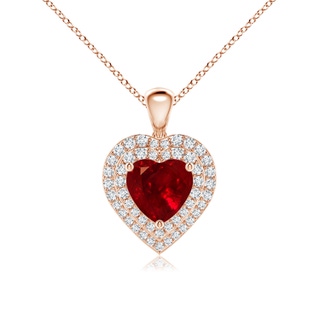 7mm AAAA Ruby Heart Pendant with Diamond Double Halo in Rose Gold
