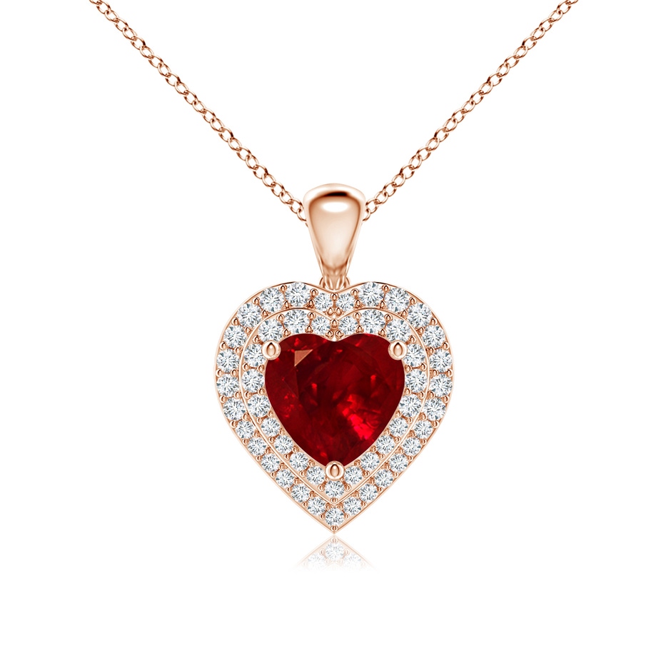 7mm AAAA Ruby Heart Pendant with Diamond Double Halo in Rose Gold 