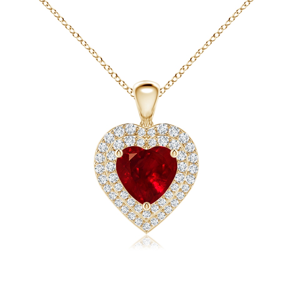 7mm AAAA Ruby Heart Pendant with Diamond Double Halo in Yellow Gold 