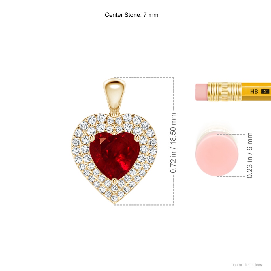 7mm AAAA Ruby Heart Pendant with Diamond Double Halo in Yellow Gold ruler