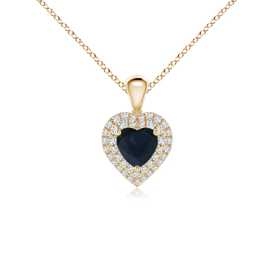 5mm A Blue Sapphire Heart Pendant with Diamond Double Halo in Yellow Gold 