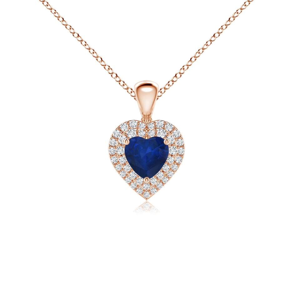 5mm AA Blue Sapphire Heart Pendant with Diamond Double Halo in Rose Gold 