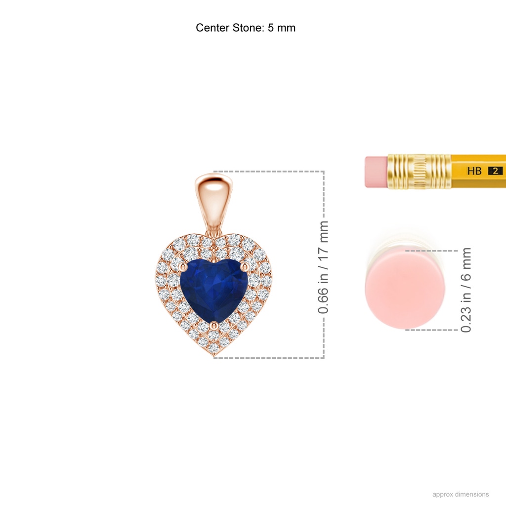5mm AA Blue Sapphire Heart Pendant with Diamond Double Halo in Rose Gold Ruler