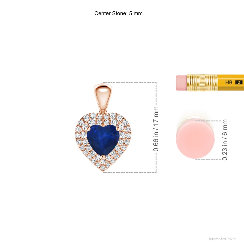 5mm AA Blue Sapphire Heart Pendant with Diamond Double Halo in Rose Gold ruler