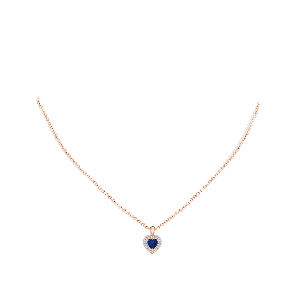 5mm AA Blue Sapphire Heart Pendant with Diamond Double Halo in Rose Gold Body-Neck