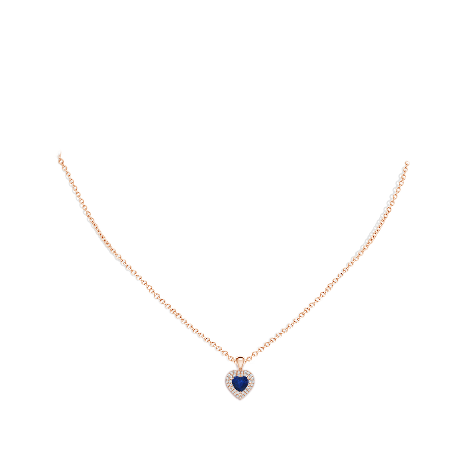 5mm AA Blue Sapphire Heart Pendant with Diamond Double Halo in Rose Gold body-neck