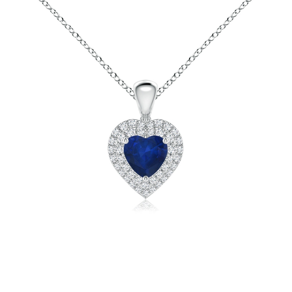 5mm AA Blue Sapphire Heart Pendant with Diamond Double Halo in White Gold 