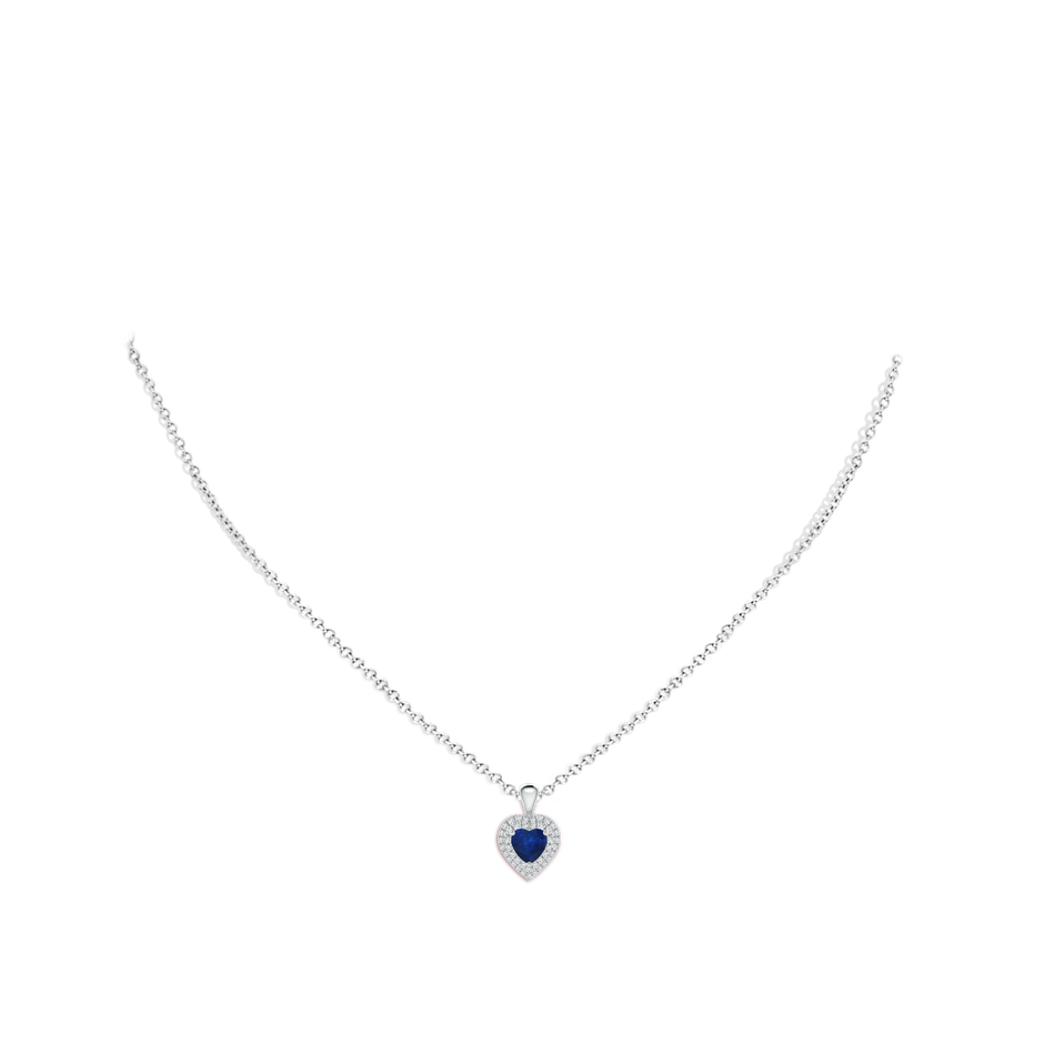 5mm AA Blue Sapphire Heart Pendant with Diamond Double Halo in White Gold body-neck