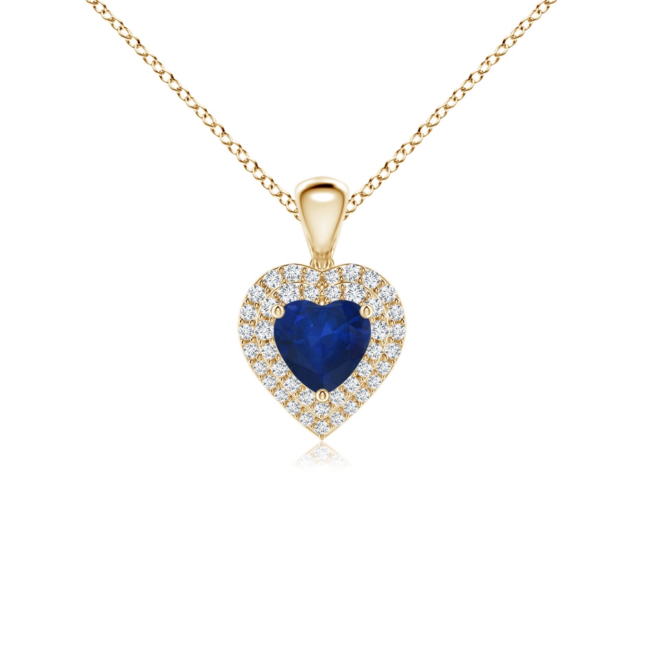 5mm AA Blue Sapphire Heart Pendant with Diamond Double Halo in Yellow Gold 