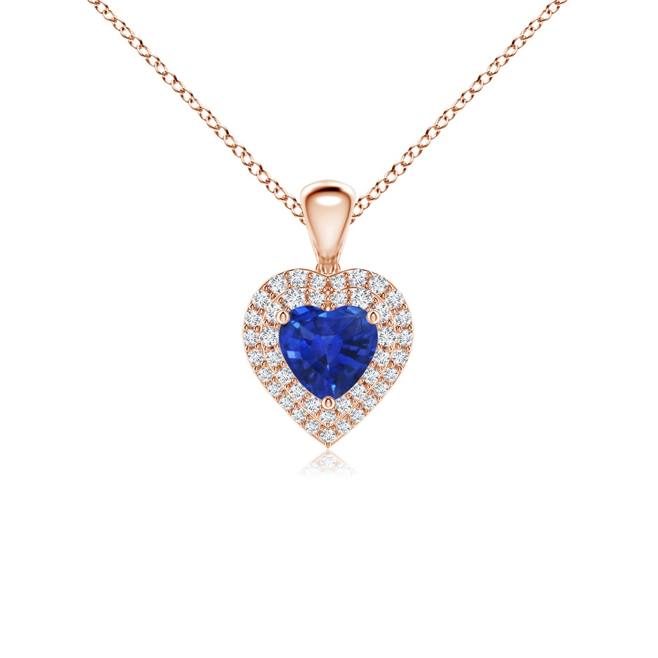 5mm AAA Blue Sapphire Heart Pendant with Diamond Double Halo in Rose Gold 