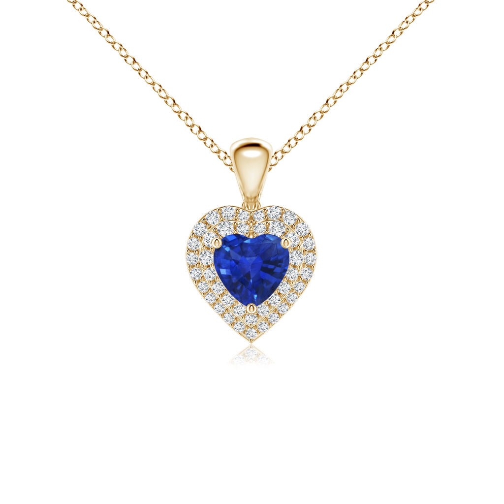 5mm AAA Blue Sapphire Heart Pendant with Diamond Double Halo in Yellow Gold