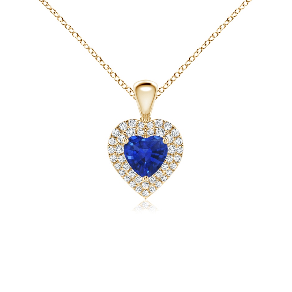 5mm AAA Blue Sapphire Heart Pendant with Diamond Double Halo in Yellow Gold 