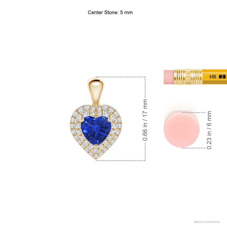 5mm AAA Blue Sapphire Heart Pendant with Diamond Double Halo in Yellow Gold Ruler