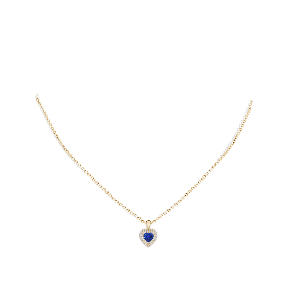 5mm AAA Blue Sapphire Heart Pendant with Diamond Double Halo in Yellow Gold Body-Neck