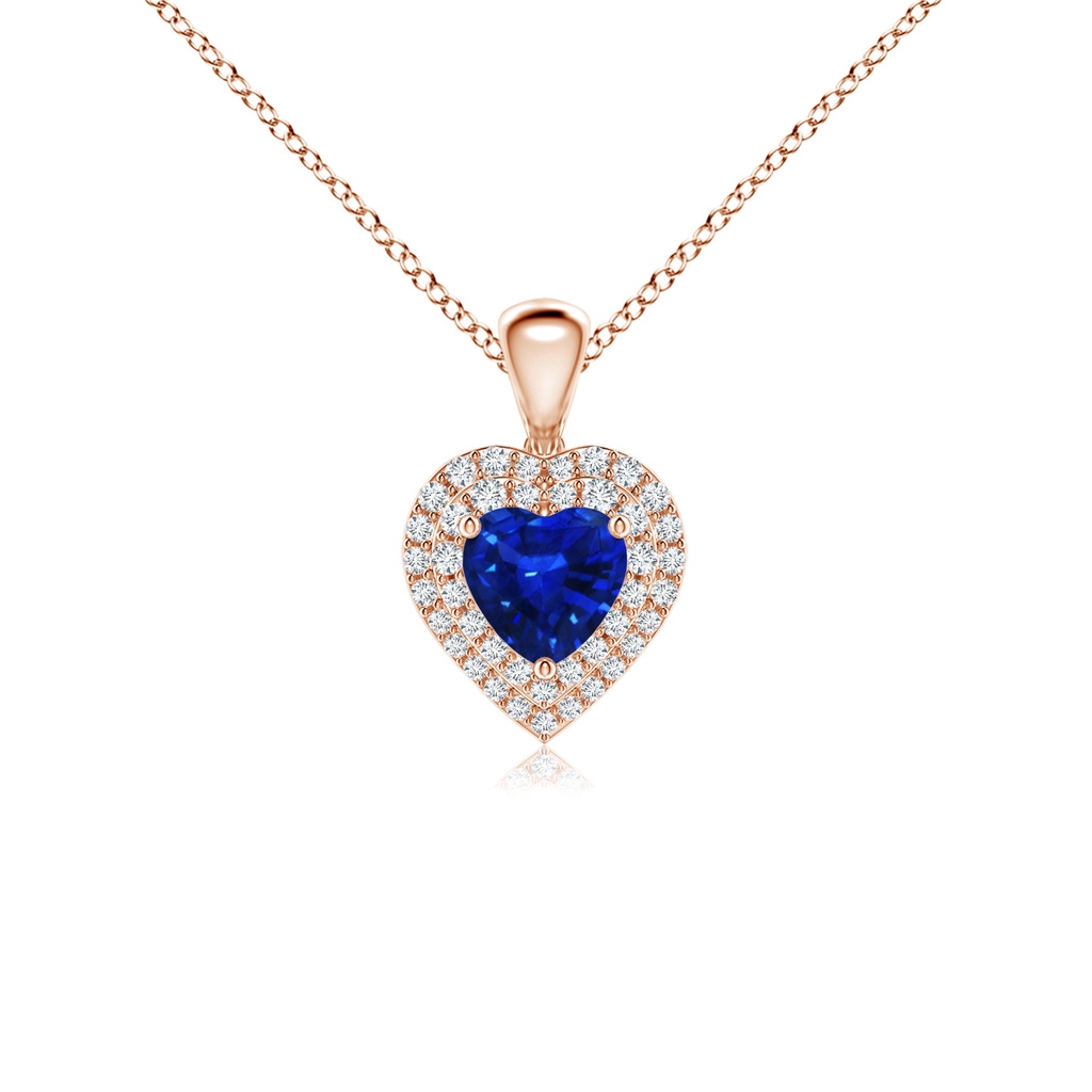 5mm AAAA Blue Sapphire Heart Pendant with Diamond Double Halo in Rose Gold