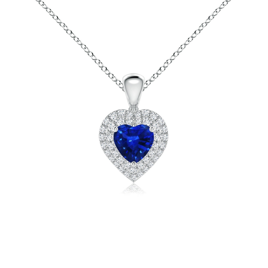 5mm AAAA Blue Sapphire Heart Pendant with Diamond Double Halo in White Gold 