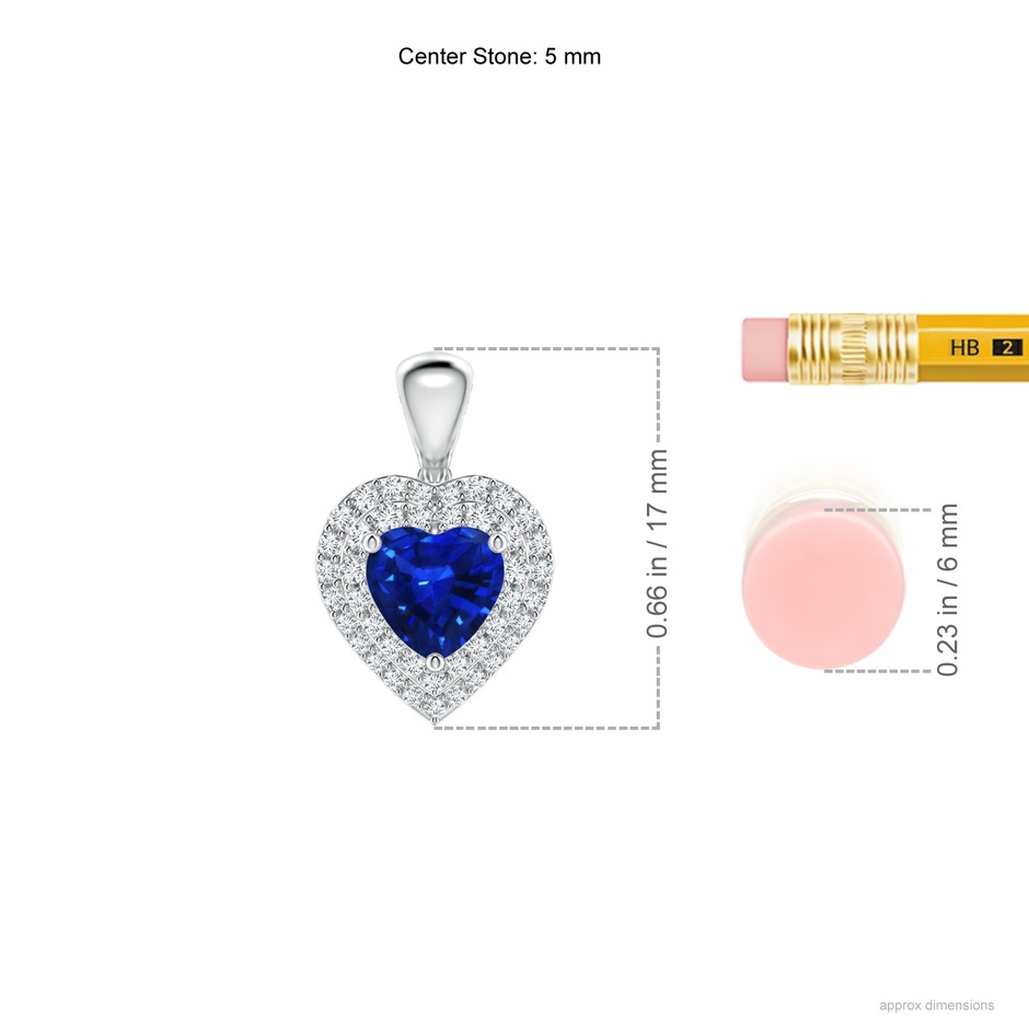 5mm AAAA Blue Sapphire Heart Pendant with Diamond Double Halo in White Gold ruler