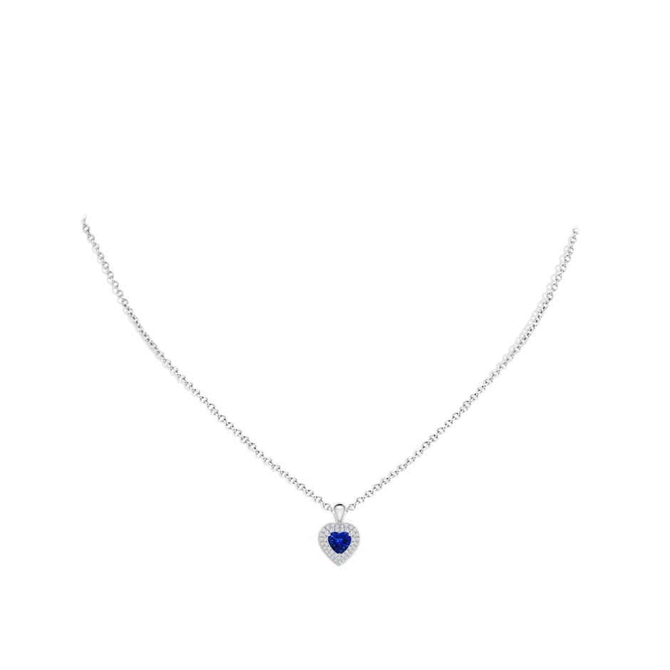 5mm AAAA Blue Sapphire Heart Pendant with Diamond Double Halo in White Gold body-neck