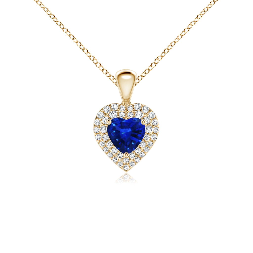 5mm AAAA Blue Sapphire Heart Pendant with Diamond Double Halo in Yellow Gold
