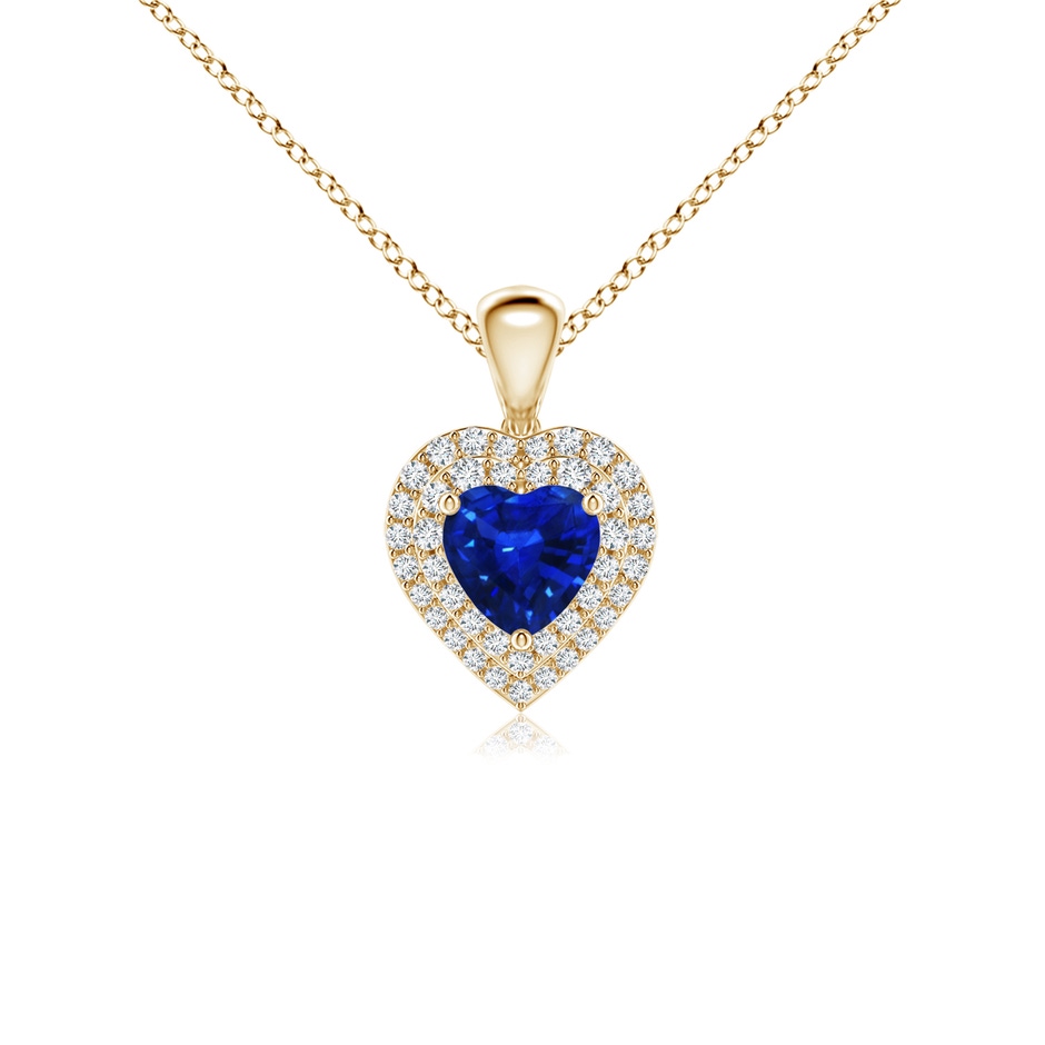 5mm AAAA Blue Sapphire Heart Pendant with Diamond Double Halo in Yellow Gold 