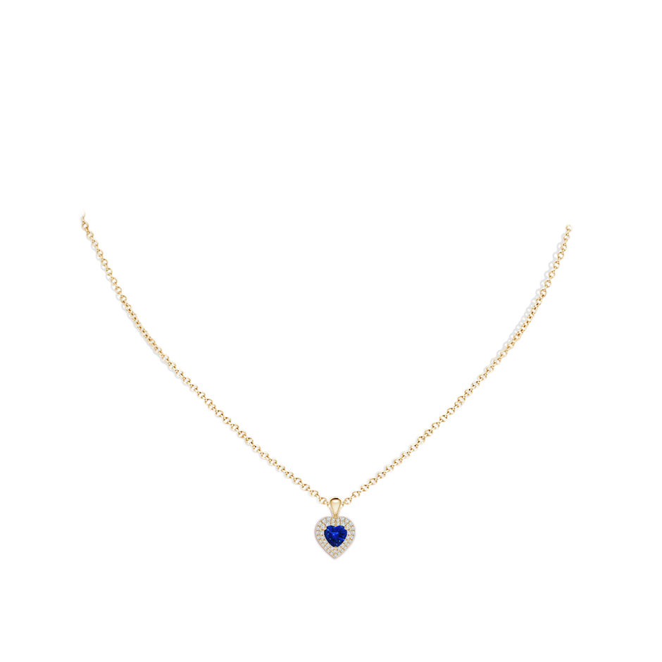 5mm AAAA Blue Sapphire Heart Pendant with Diamond Double Halo in Yellow Gold body-neck