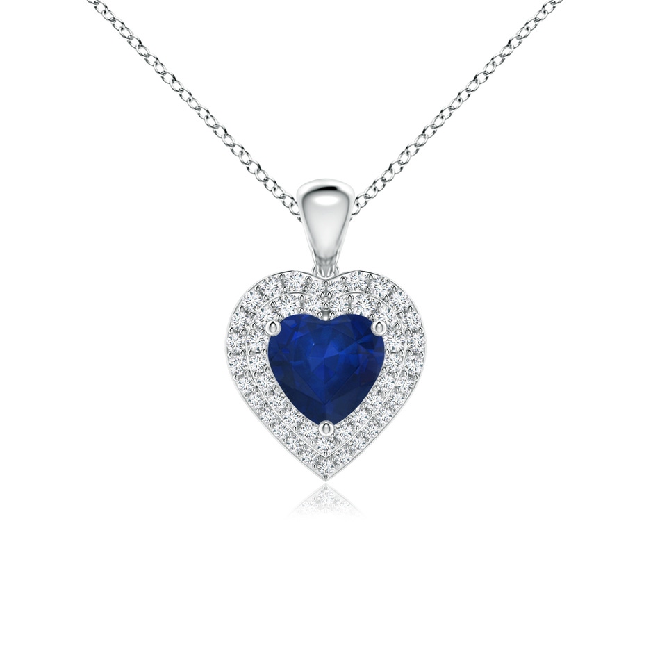 6mm AA Blue Sapphire Heart Pendant with Diamond Double Halo in White Gold 