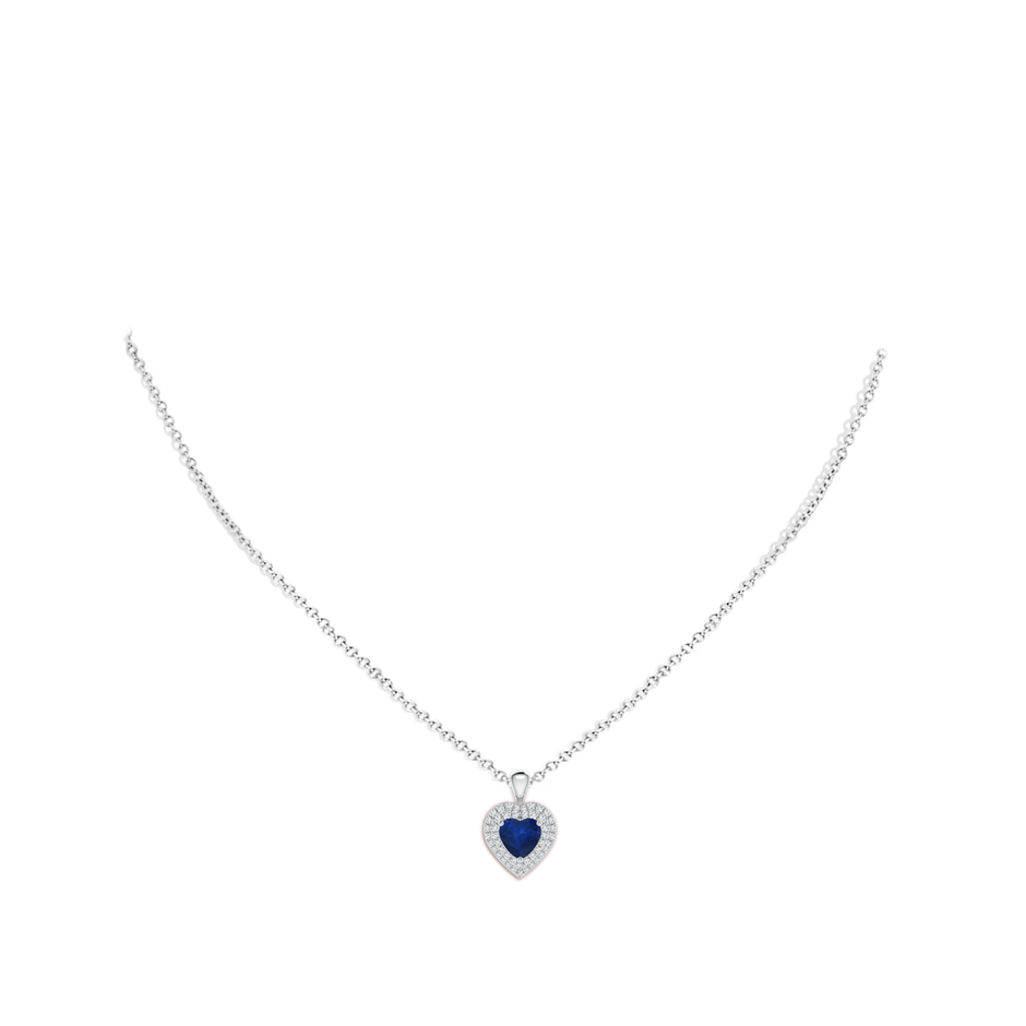 6mm AA Blue Sapphire Heart Pendant with Diamond Double Halo in White Gold body-neck