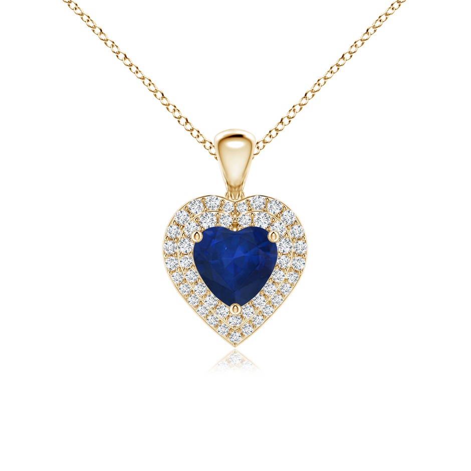 6mm AA Blue Sapphire Heart Pendant with Diamond Double Halo in Yellow Gold 
