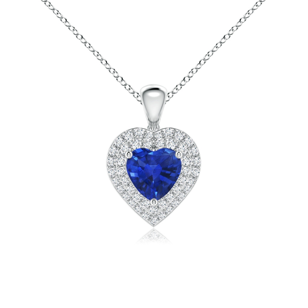 6mm AAA Blue Sapphire Heart Pendant with Diamond Double Halo in White Gold