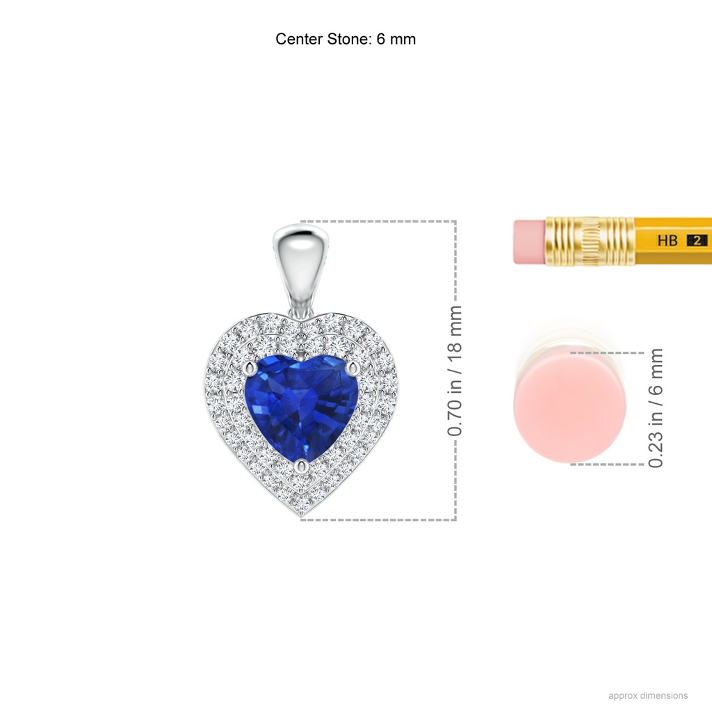 6mm AAA Blue Sapphire Heart Pendant with Diamond Double Halo in White Gold Ruler