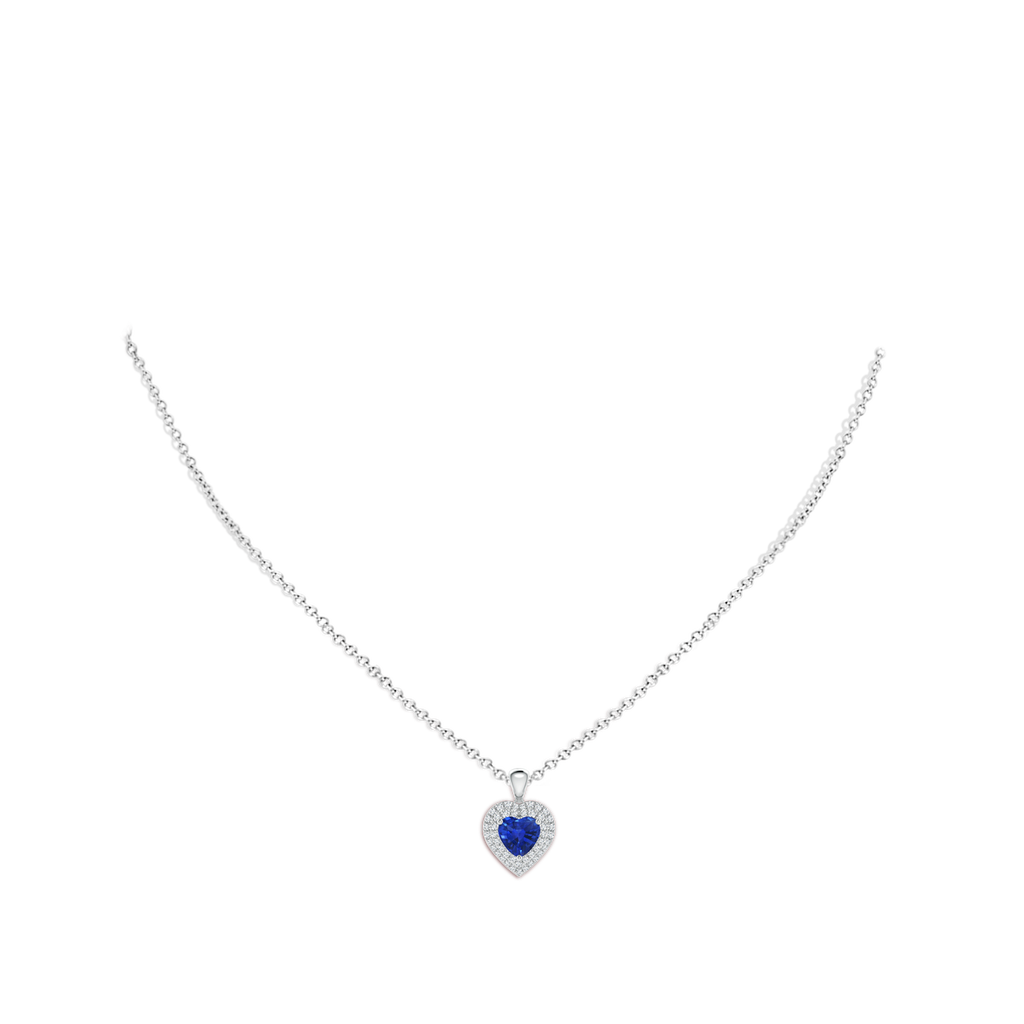 6mm AAA Blue Sapphire Heart Pendant with Diamond Double Halo in White Gold Body-Neck