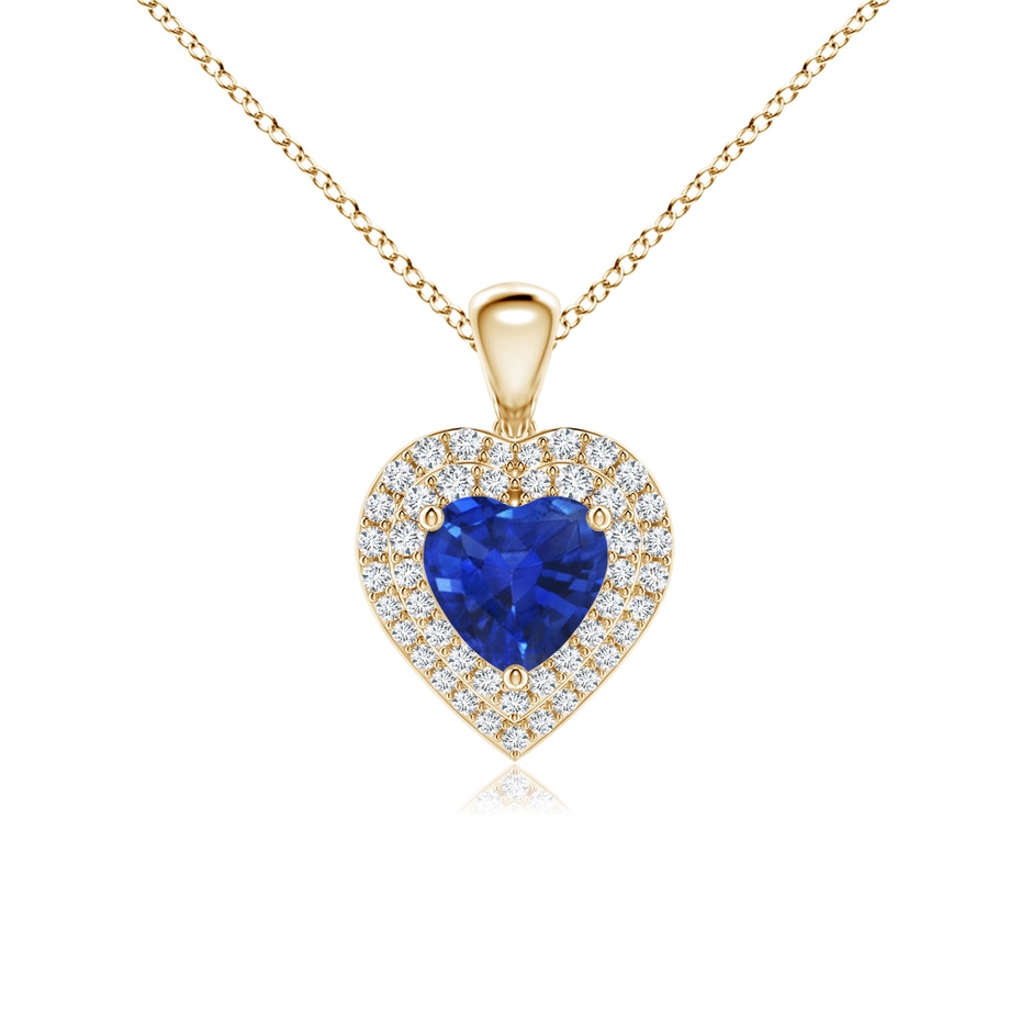 6mm AAA Blue Sapphire Heart Pendant with Diamond Double Halo in Yellow Gold 