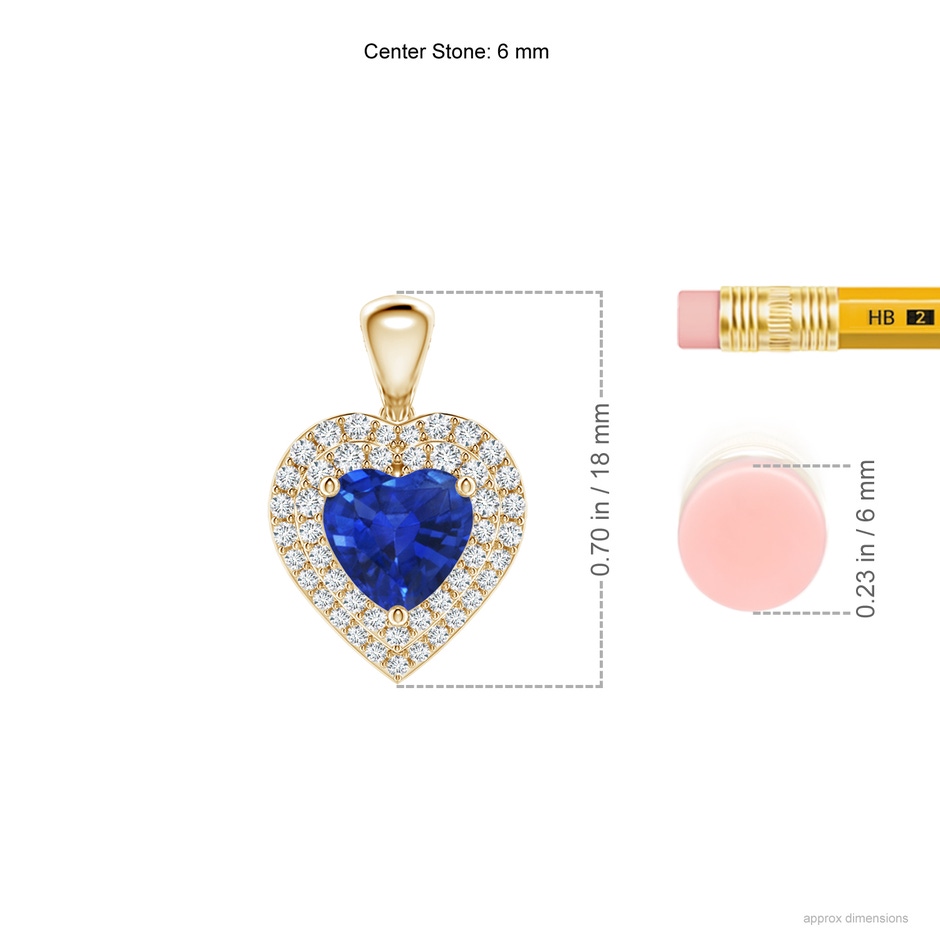 6mm AAA Blue Sapphire Heart Pendant with Diamond Double Halo in Yellow Gold ruler