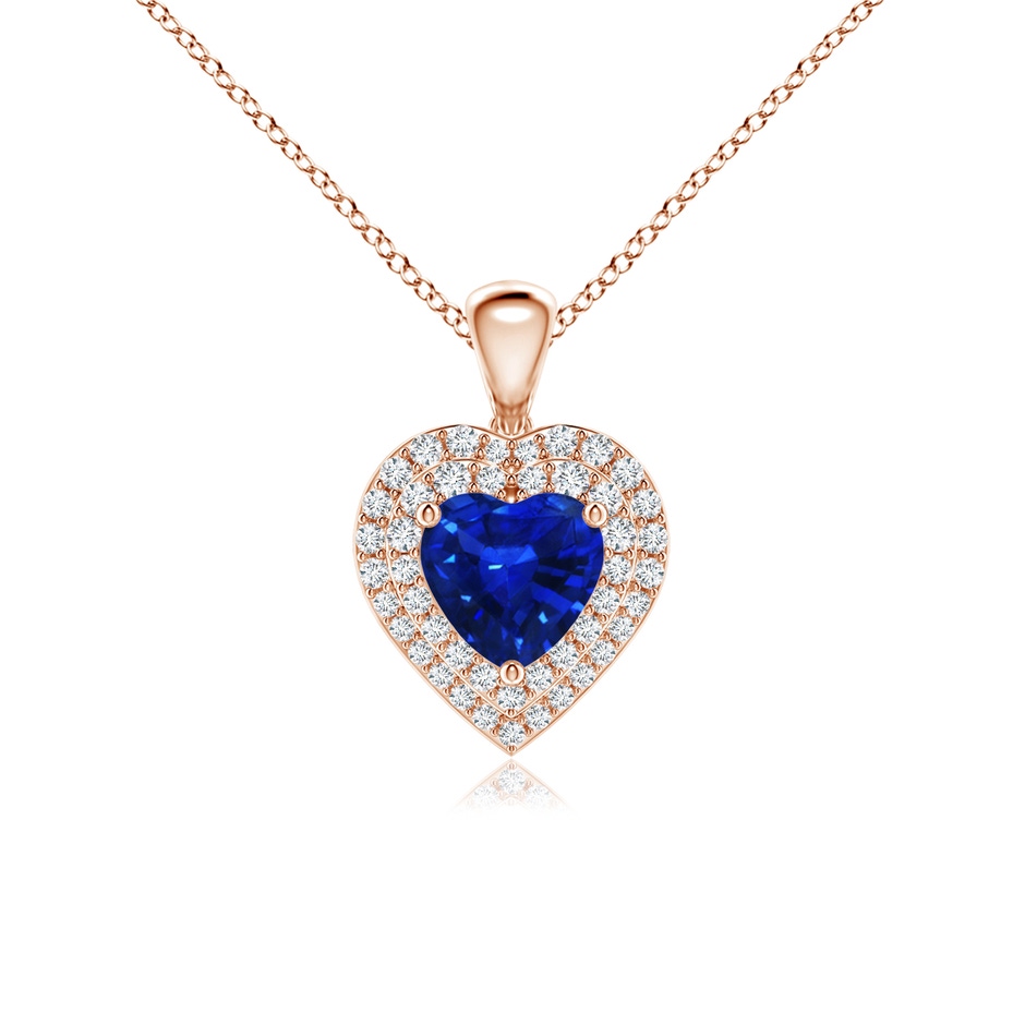 6mm AAAA Blue Sapphire Heart Pendant with Diamond Double Halo in Rose Gold 