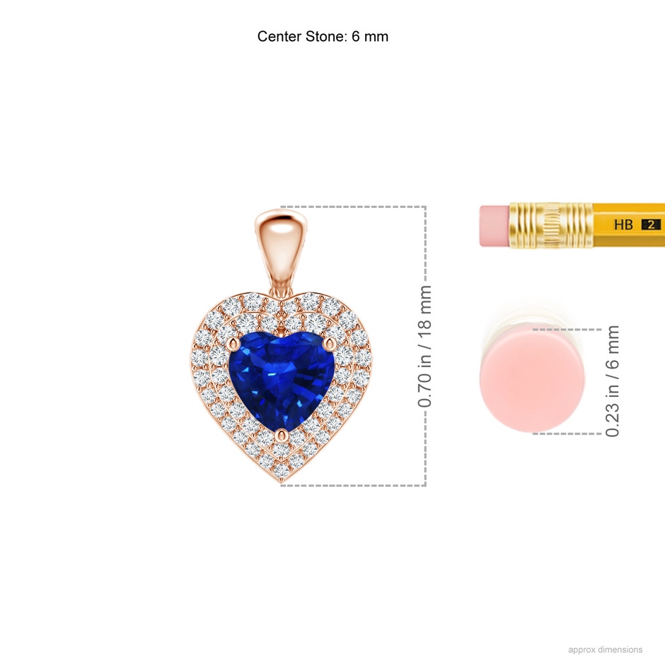 6mm AAAA Blue Sapphire Heart Pendant with Diamond Double Halo in Rose Gold ruler