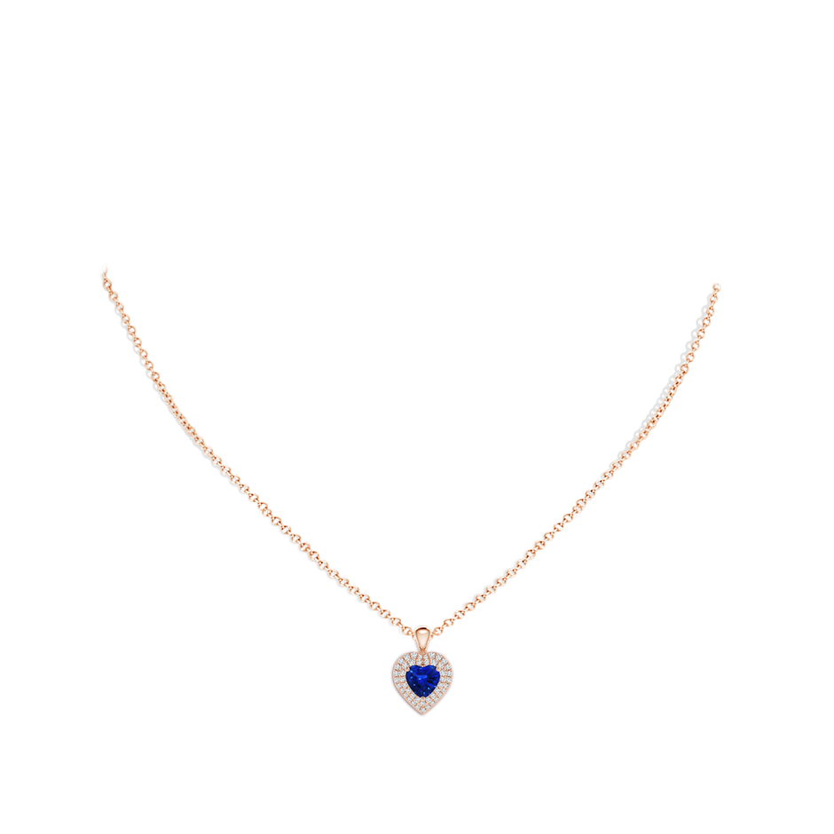 6mm AAAA Blue Sapphire Heart Pendant with Diamond Double Halo in Rose Gold body-neck