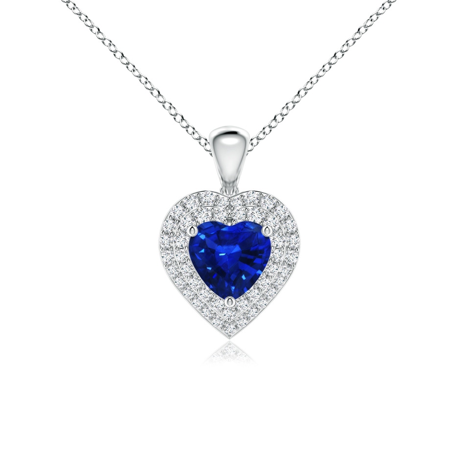 6mm AAAA Blue Sapphire Heart Pendant with Diamond Double Halo in White Gold 