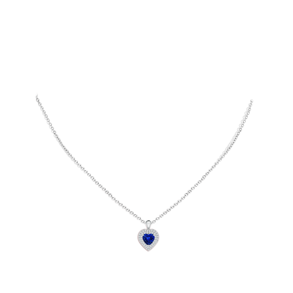 6mm AAAA Blue Sapphire Heart Pendant with Diamond Double Halo in White Gold body-neck