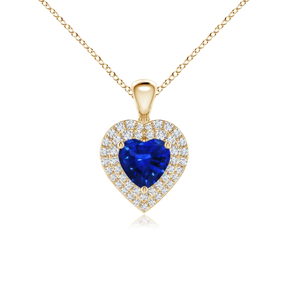 6mm AAAA Blue Sapphire Heart Pendant with Diamond Double Halo in Yellow Gold 