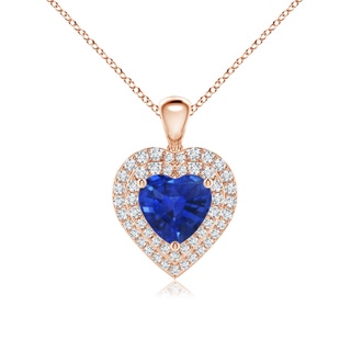 7mm AAA Blue Sapphire Heart Pendant with Diamond Double Halo in Rose Gold