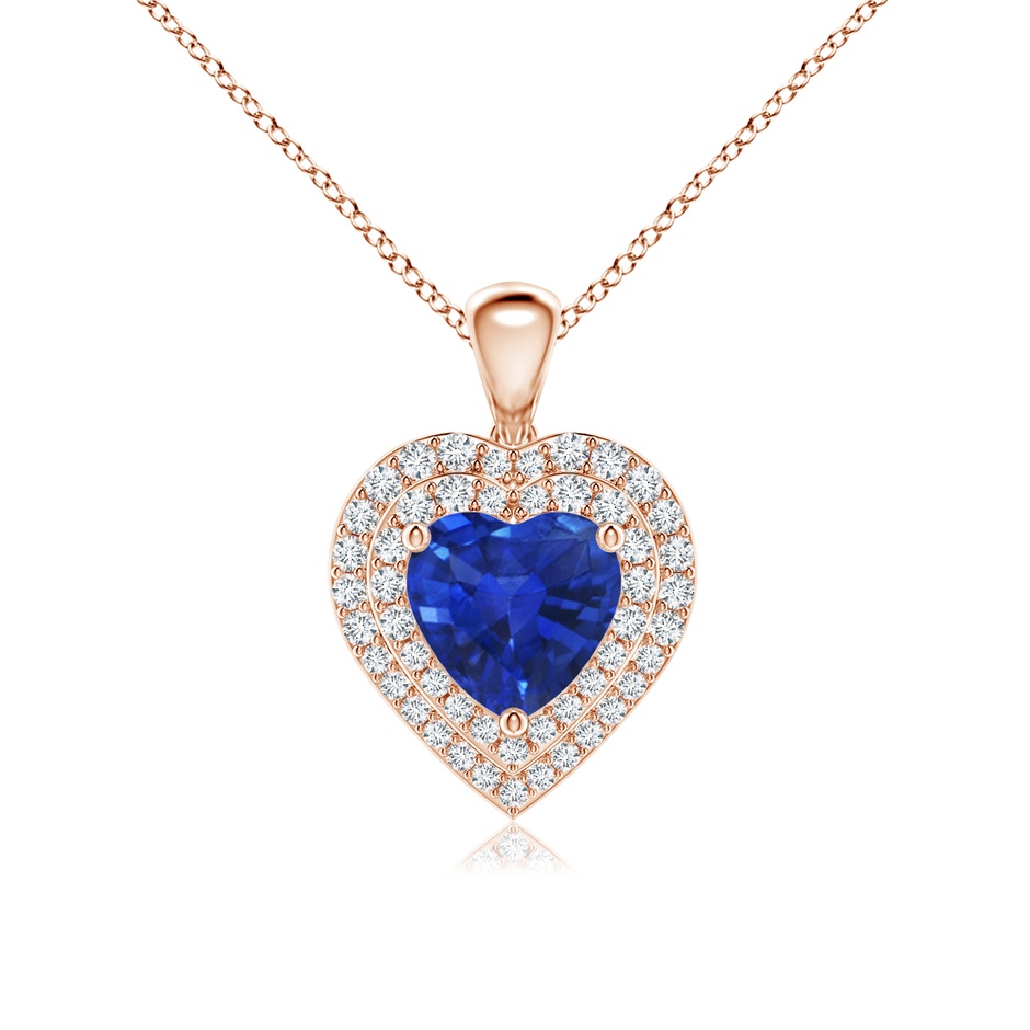 7mm AAA Blue Sapphire Heart Pendant with Diamond Double Halo in Rose Gold 