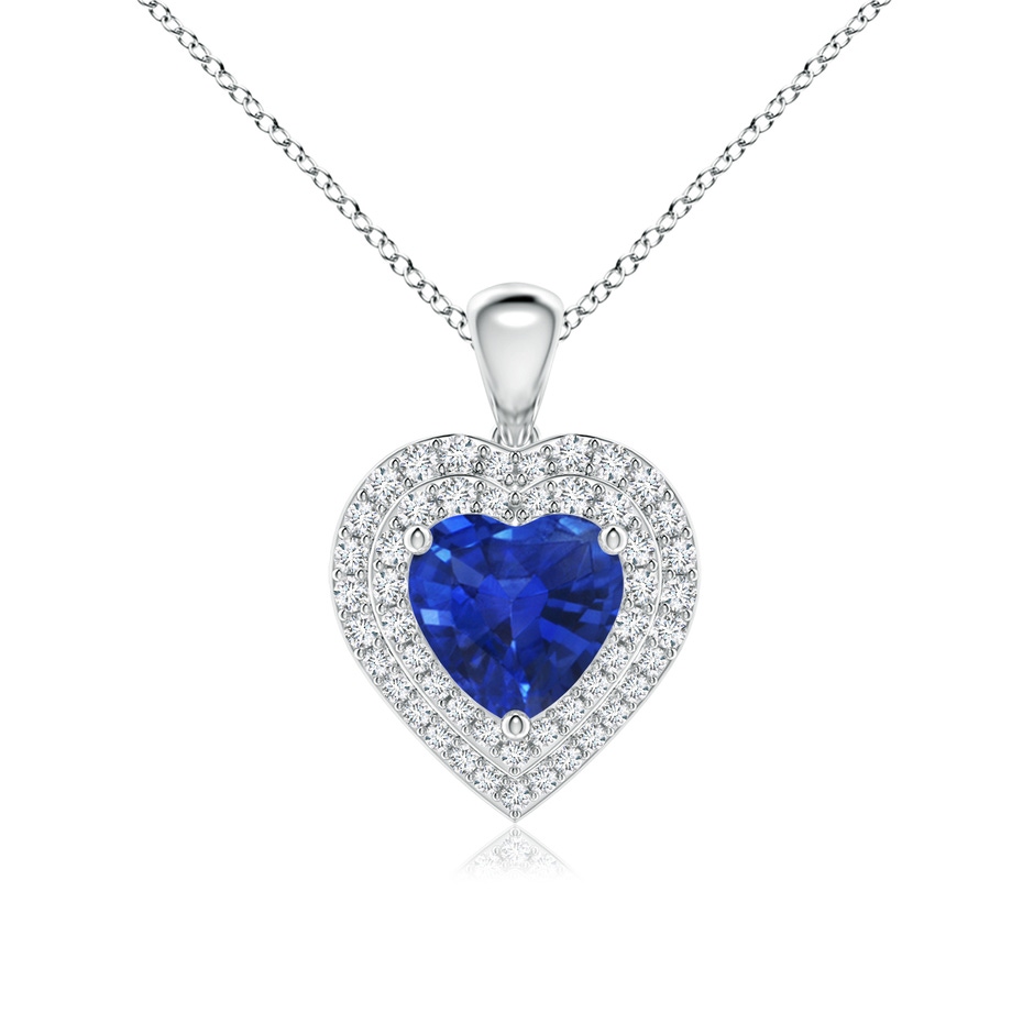 7mm AAA Blue Sapphire Heart Pendant with Diamond Double Halo in White Gold 