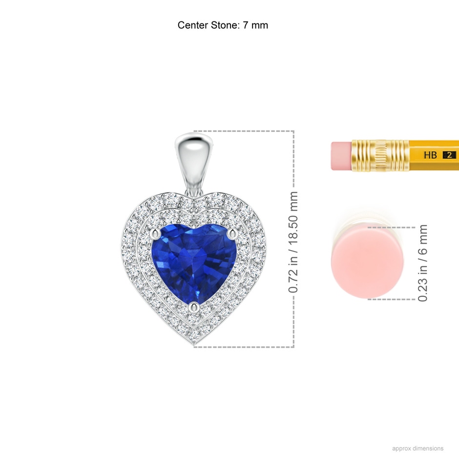 7mm AAA Blue Sapphire Heart Pendant with Diamond Double Halo in White Gold ruler