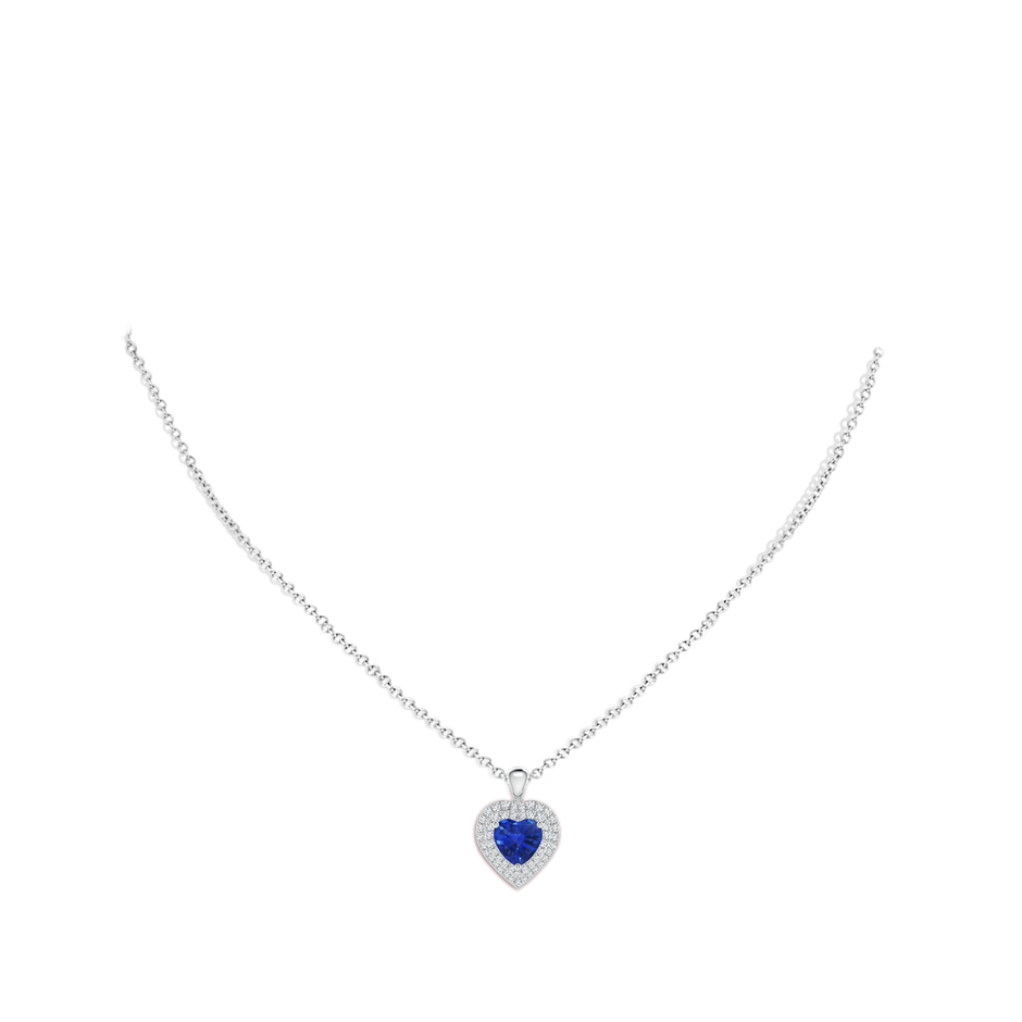 7mm AAA Blue Sapphire Heart Pendant with Diamond Double Halo in White Gold body-neck