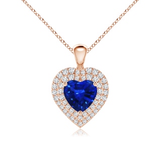 7mm AAAA Blue Sapphire Heart Pendant with Diamond Double Halo in 9K Rose Gold