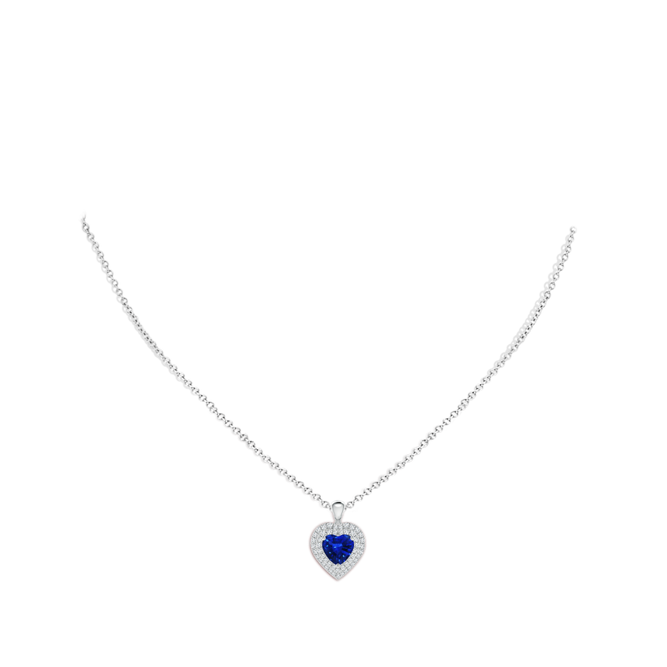7mm AAAA Blue Sapphire Heart Pendant with Diamond Double Halo in P950 Platinum body-neck